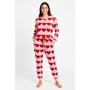 NWT Kate Spade Heart Print velour Pajama Set Small Pink Red Long Sleeve Joggers